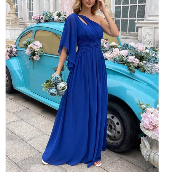 Luxe Royal Blue One Shoulder Party Formal Wedding Dress - Picture 4 of 5